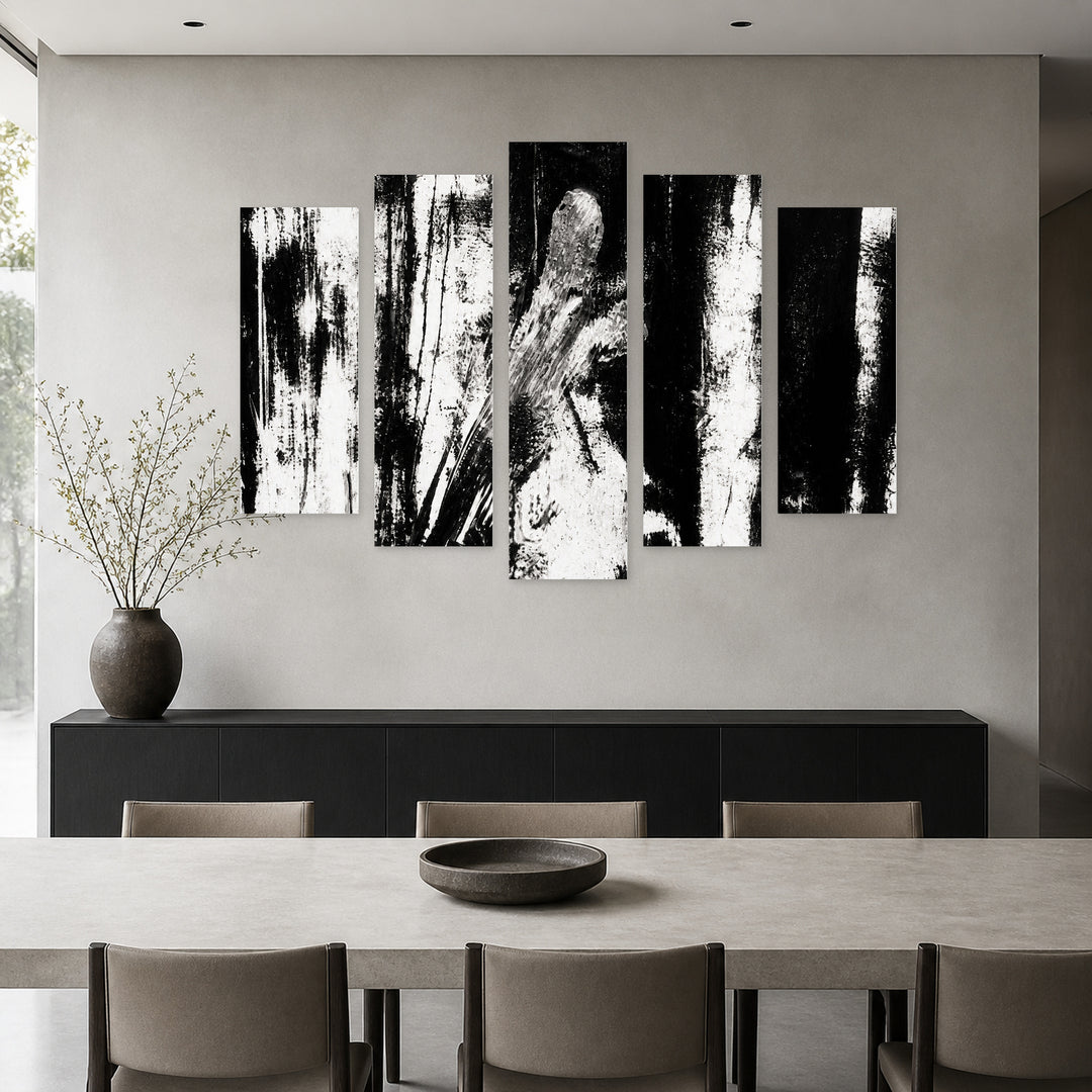 Monochrome Texture in Serene Light II — five-panel wall art in alternate frontal interior | 5wallart 54845 M4