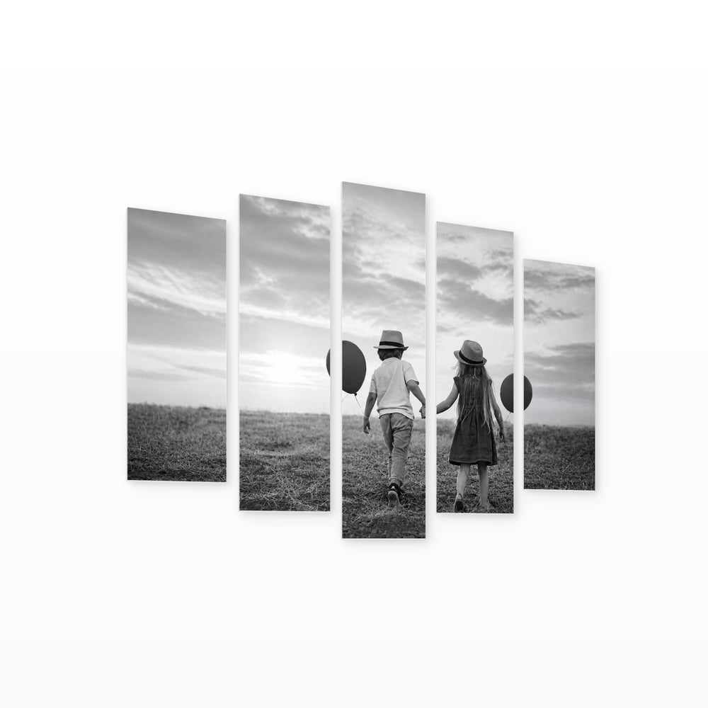 Monochrome Children with Balloons Playful Illustration — five-panel wall art on white background in perspective | 5wallart 54850 M1