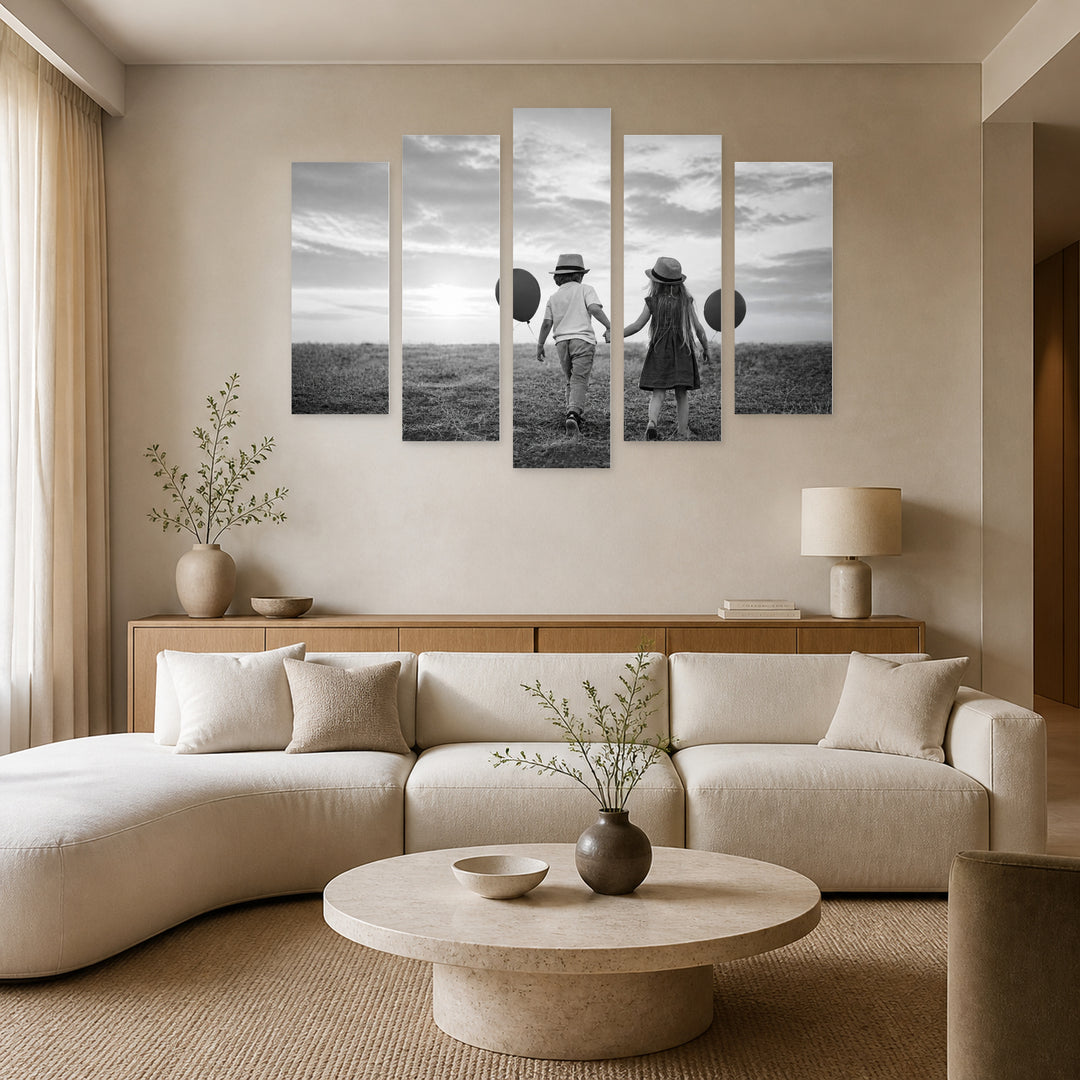 Monochrome Children with Balloons Playful Illustration — five-panel wall art in alternate frontal interior | 5wallart 54850 M4