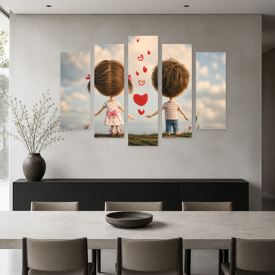 Loving Little People with Dreamlike Atmosphere — five-panel wall art in frontal interior | 5wallart 54856 M3