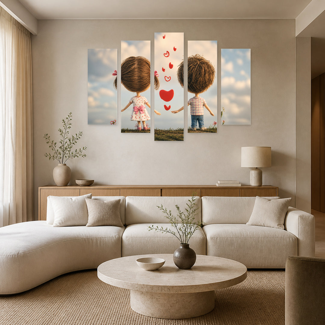Loving Little People with Dreamlike Atmosphere — five-panel wall art in alternate frontal interior | 5wallart 54856 M4