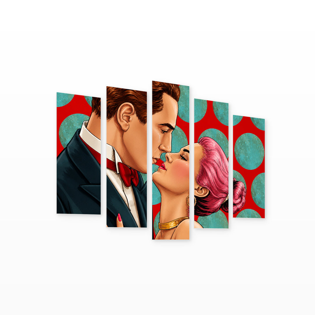 Pop Art Loving Couple with Geometric Rhythm — five-panel wall art on white background in perspective | 5wallart 54857 M1