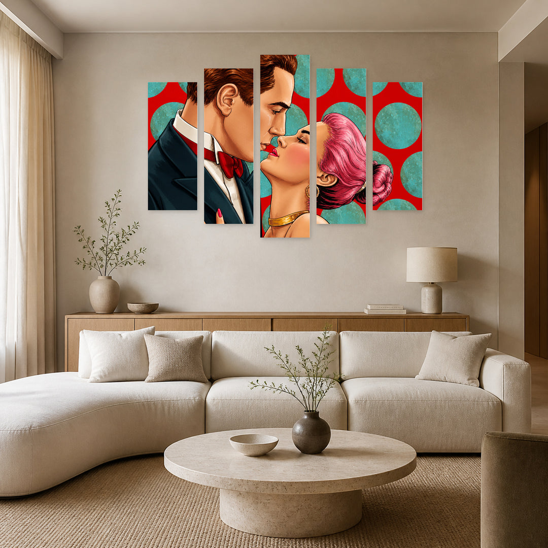 Pop Art Loving Couple with Geometric Rhythm — five-panel wall art in frontal interior | 5wallart 54857 M3