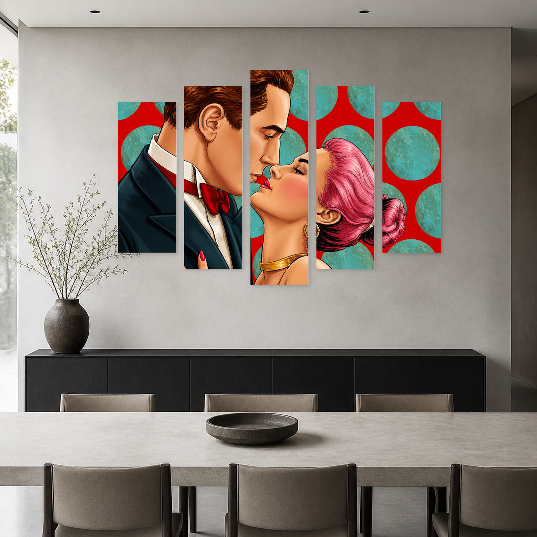 Pop Art Loving Couple with Geometric Rhythm — five-panel wall art in alternate frontal interior | 5wallart 54857 M4