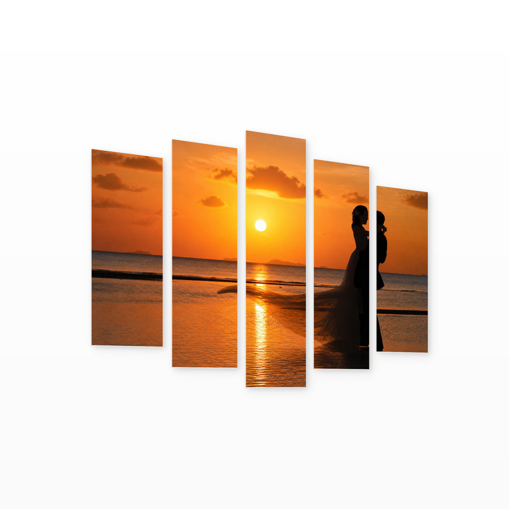 Golden Sunset over Couple on the Beach — five-panel wall art on white background in perspective | 5wallart 54859 M1