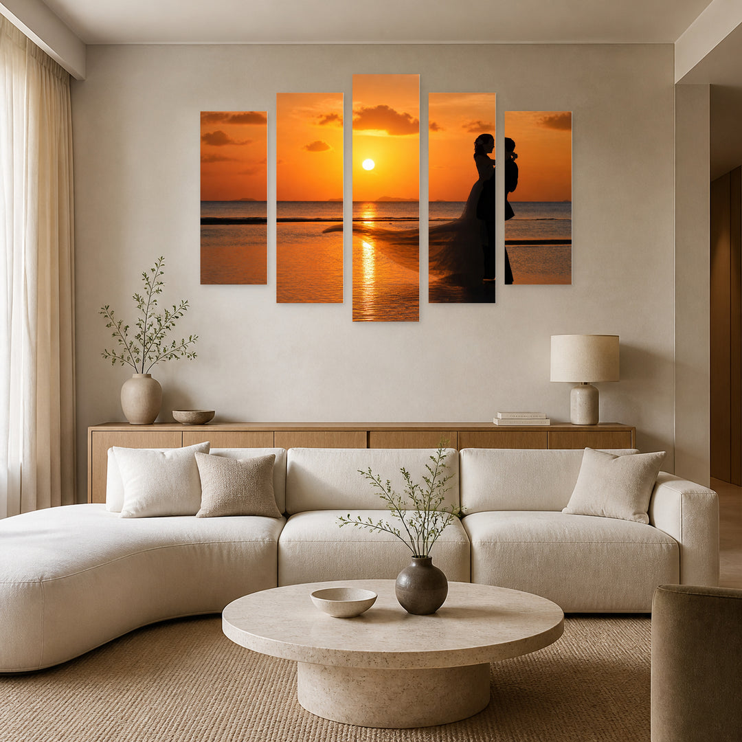 Golden Sunset over Couple on the Beach — five-panel wall art in frontal interior | 5wallart 54859 M3