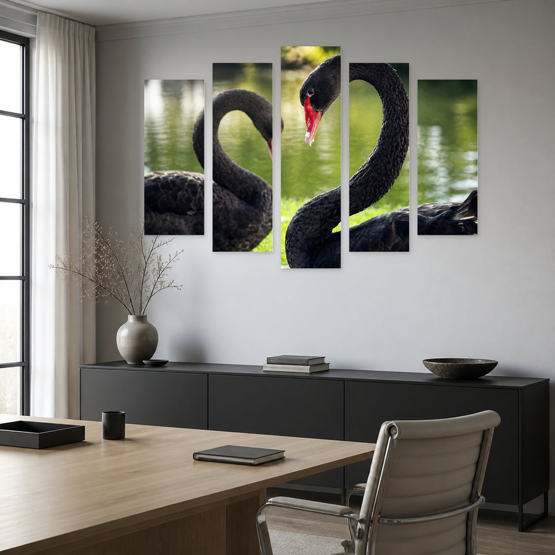 Loving Black Swans with Dramatic Contrast — five-panel wall art in alternate frontal interior | 5wallart 54861 M4