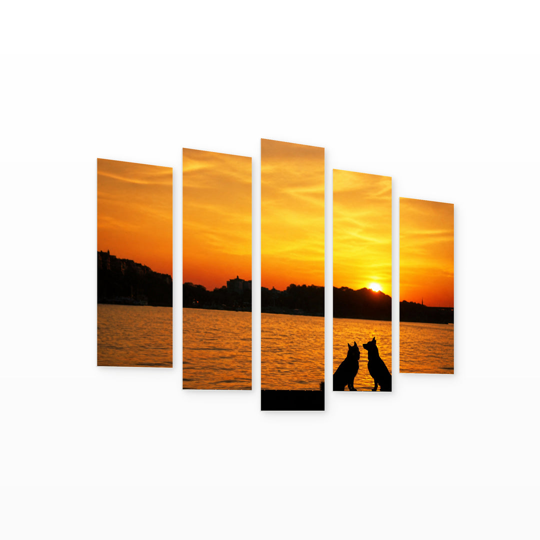 Golden Sunset over Dogs — five-panel wall art on white background in perspective | 5wallart 54862 M1