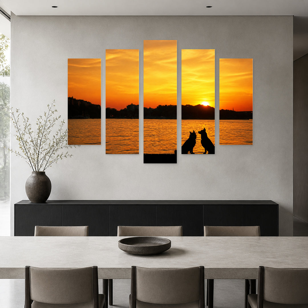 Golden Sunset over Dogs — five-panel wall art in frontal interior | 5wallart 54862 M3