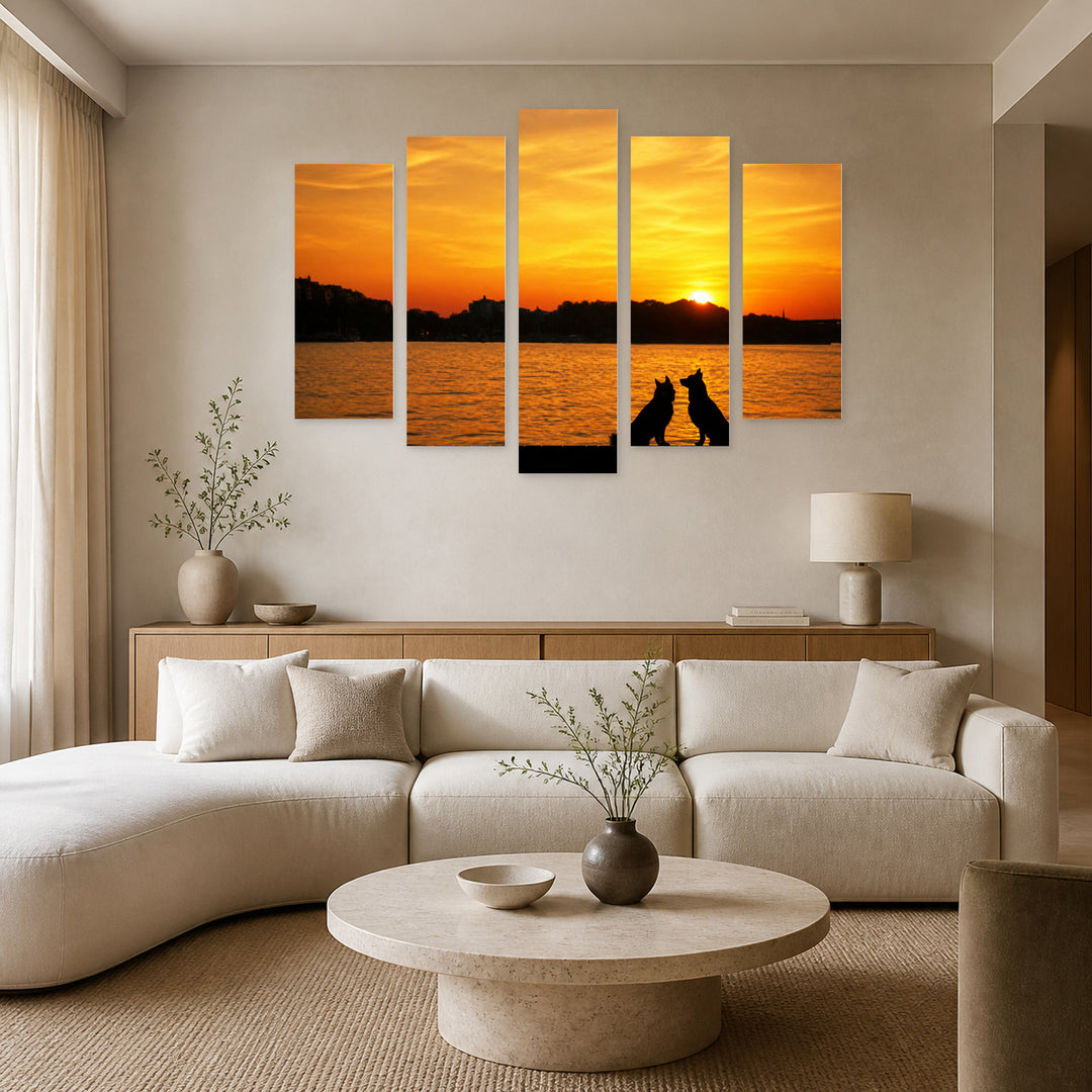 Golden Sunset over Dogs — five-panel wall art in alternate frontal interior | 5wallart 54862 M4
