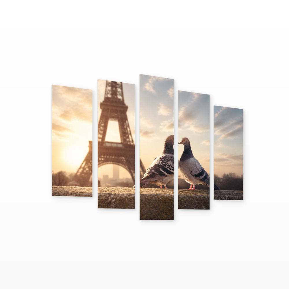 Loving Birds in Front with Dreamlike Atmosphere — five-panel wall art on white background in perspective | 5wallart 54863 M1