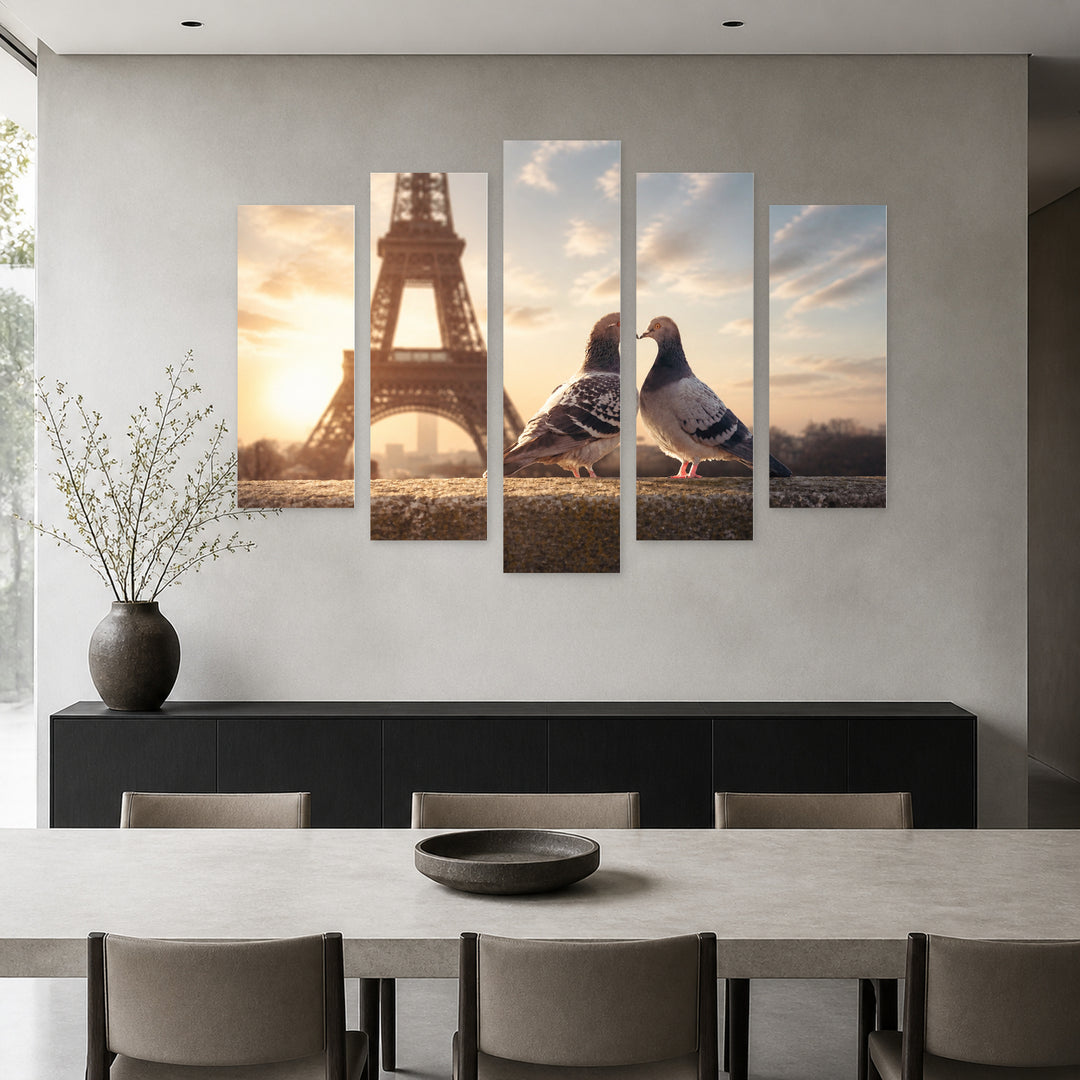 Loving Birds in Front with Dreamlike Atmosphere — five-panel wall art in alternate frontal interior | 5wallart 54863 M4