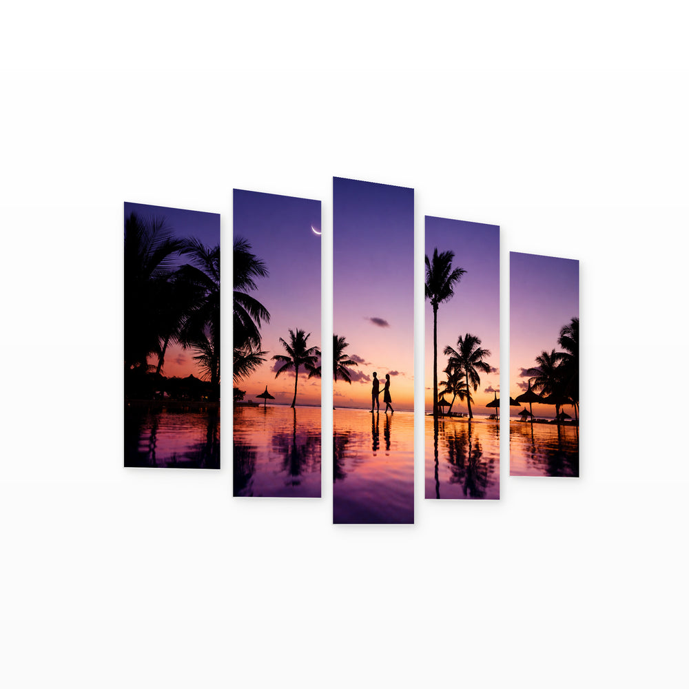 Silhouettes of a Young Couple at a Picturesque — five-panel wall art on white background in perspective | 5wallart 54864 M1