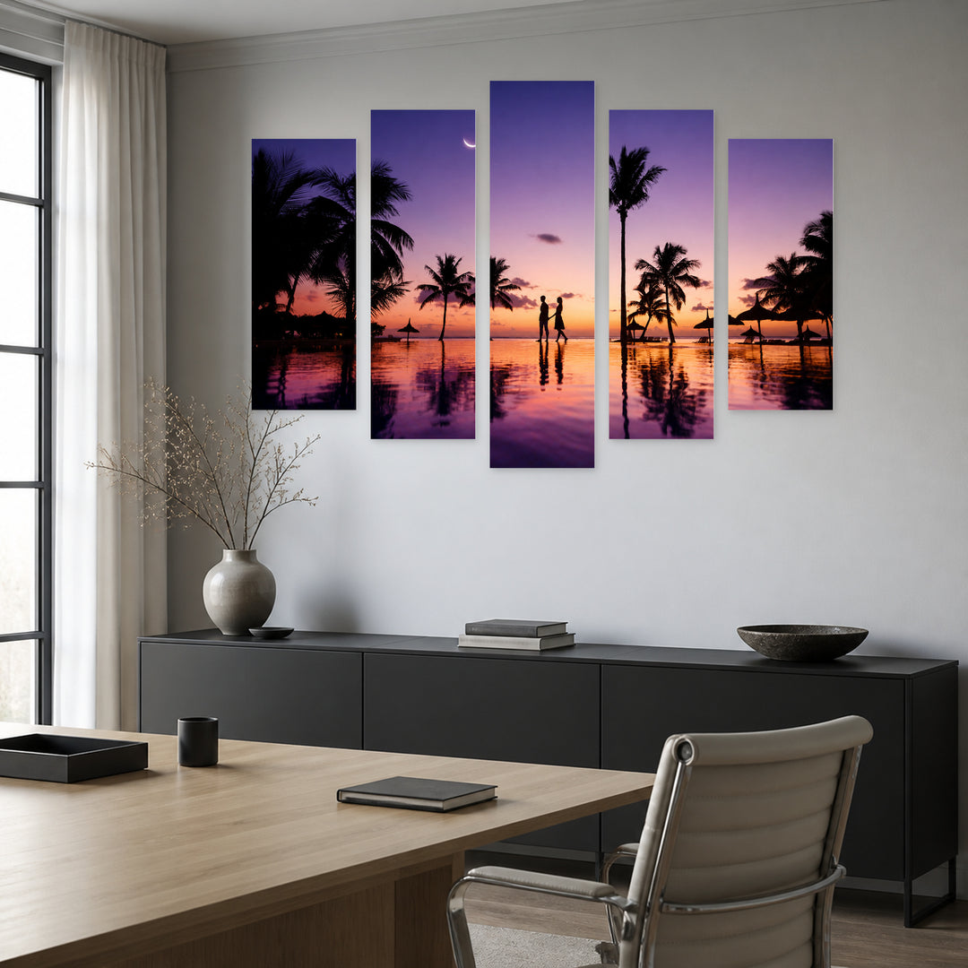 Silhouettes of a Young Couple at a Picturesque — five-panel wall art in frontal interior | 5wallart 54864 M3