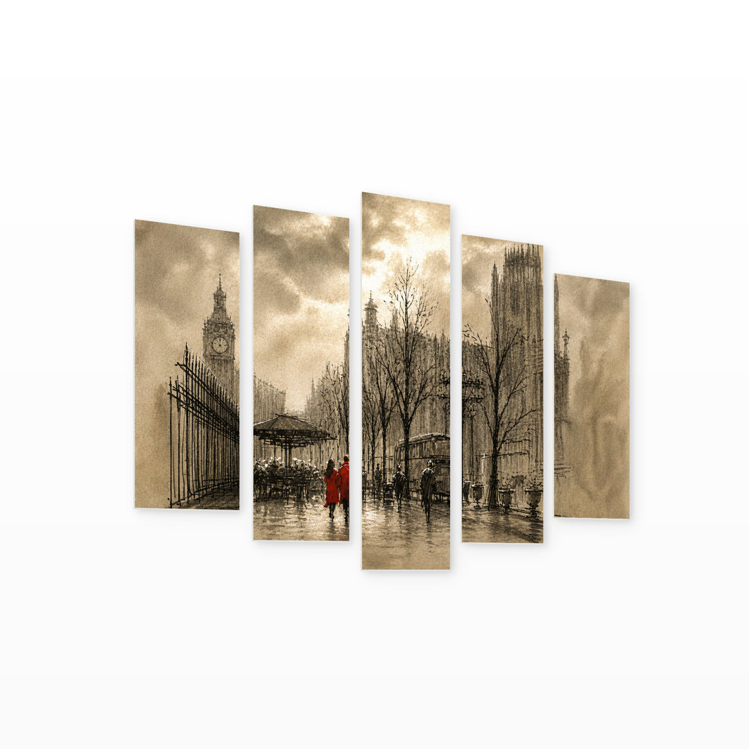Mysterious Couple in Red with Dramatic Contrast — five-panel wall art on white background in perspective | 5wallart 54865 M1