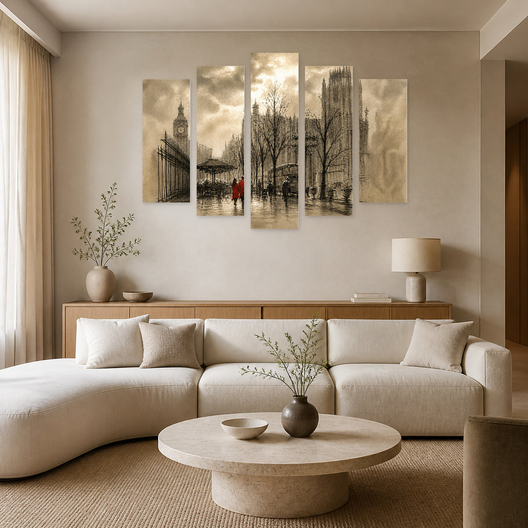 Mysterious Couple in Red with Dramatic Contrast — five-panel wall art in frontal interior | 5wallart 54865 M3