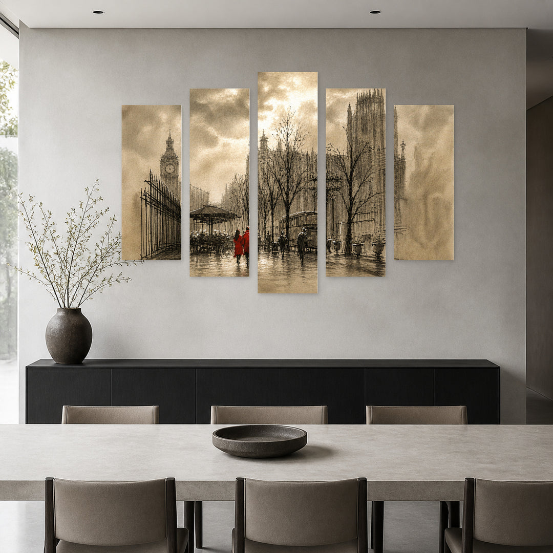 Mysterious Couple in Red with Dramatic Contrast — five-panel wall art in alternate frontal interior | 5wallart 54865 M4
