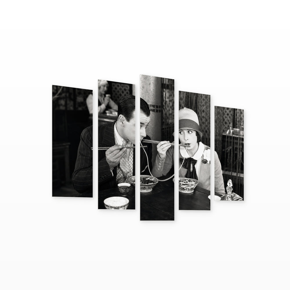 Couple in a Restaurant with Dramatic Contrast — five-panel wall art on white background in perspective | 5wallart 54866 M1