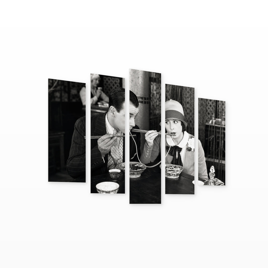 Couple in a Restaurant with Dramatic Contrast — five-panel wall art on white background in perspective | 5wallart 54866 M1