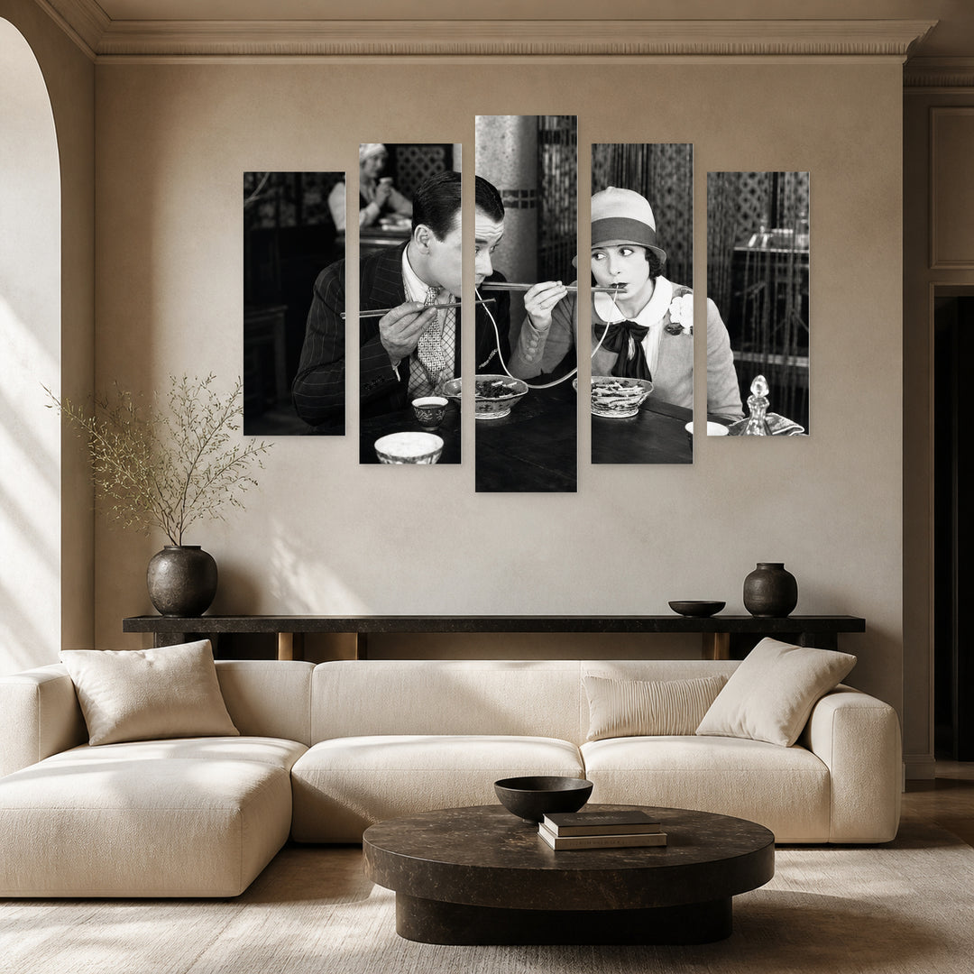 Couple in a Restaurant with Dramatic Contrast — five-panel wall art in alternate frontal interior | 5wallart 54866 M4