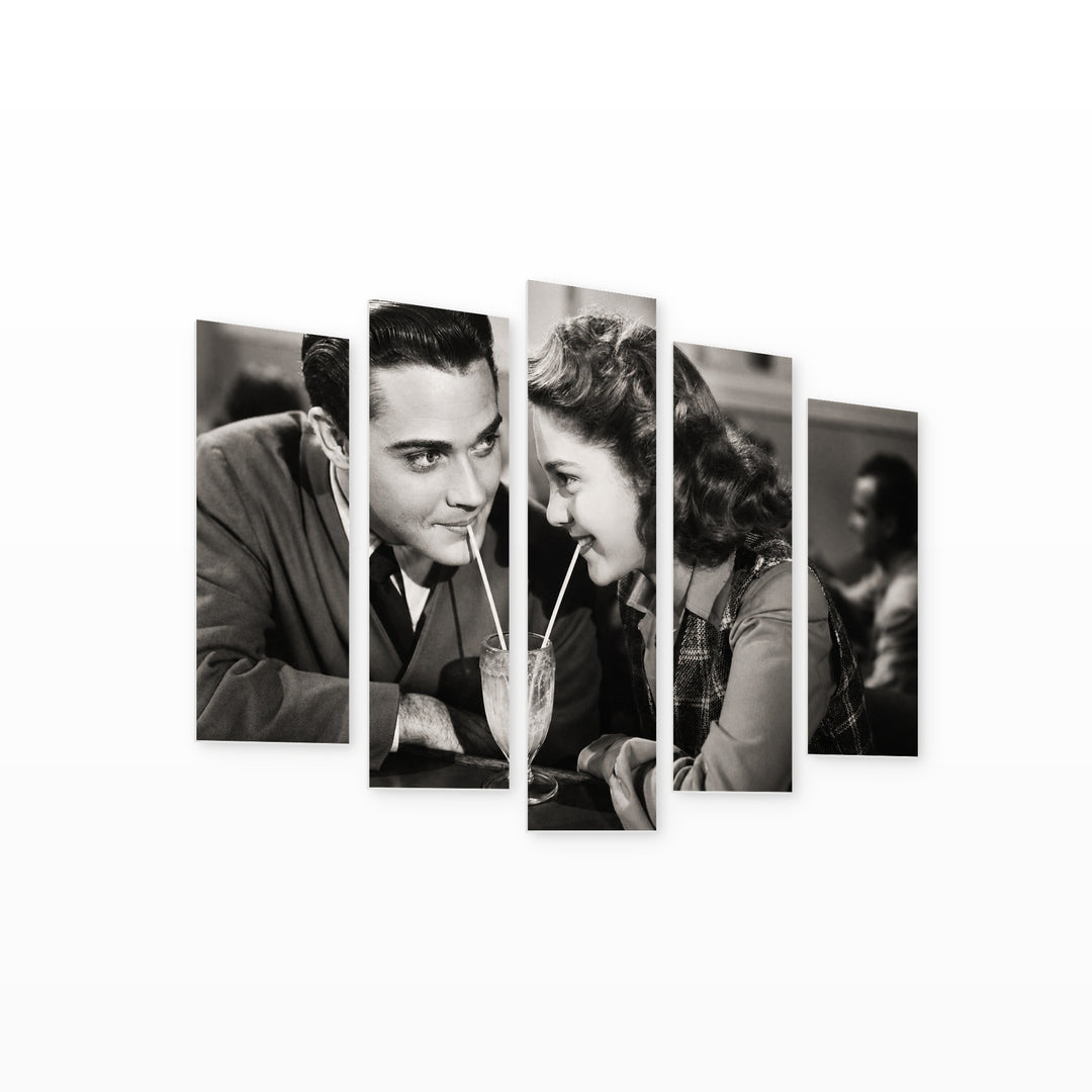 Couple Sharing a Milkshake with Dreamlike Atmosphere — five-panel wall art on white background in perspective | 5wallart 54867 M1