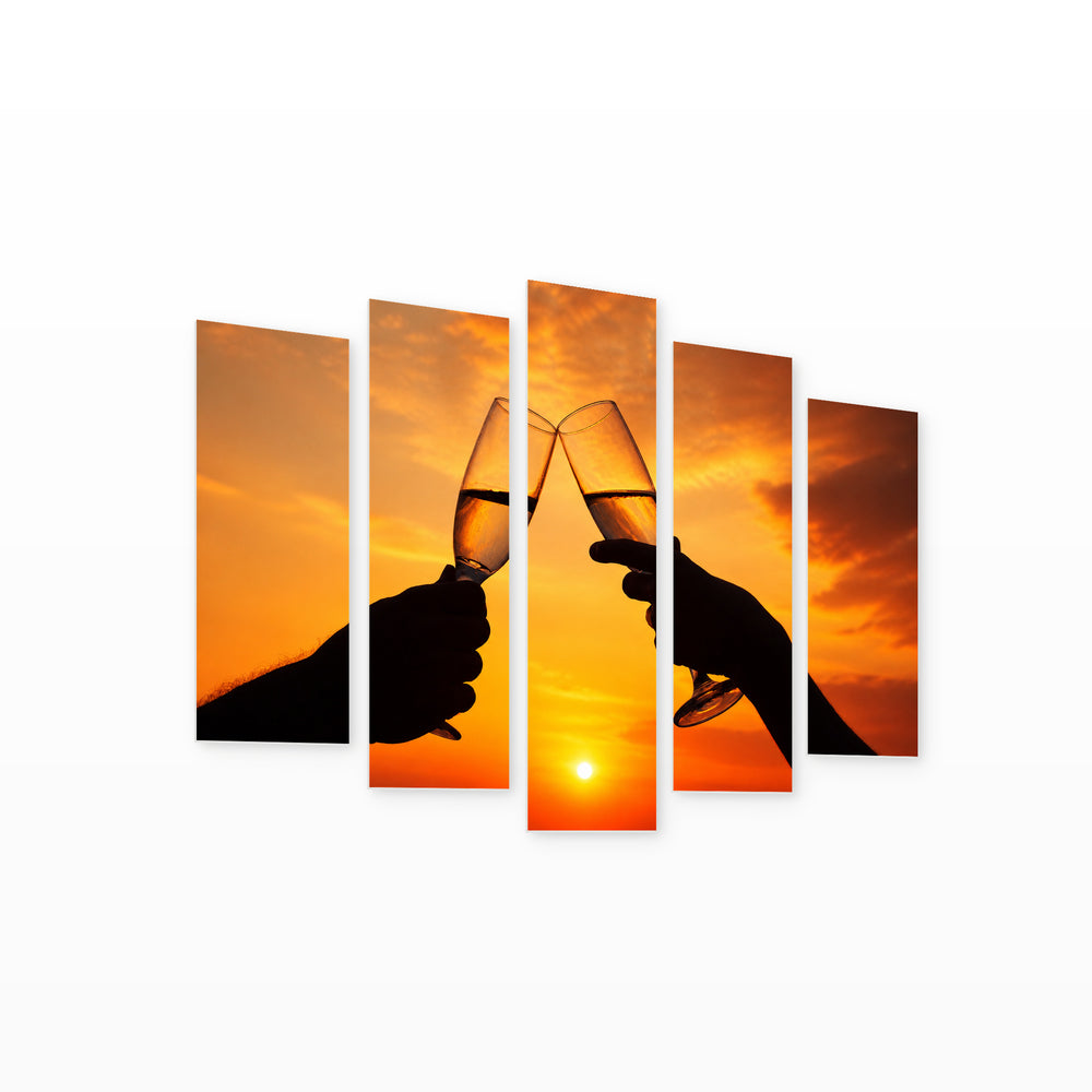 Golden Sunset over Champagne Still Life — five-panel wall art on white background in perspective | 5wallart 54868 M1