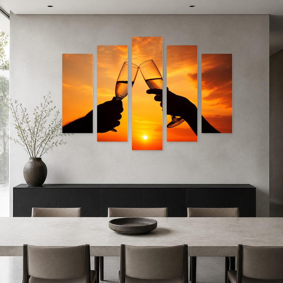 Golden Sunset over Champagne Still Life — five-panel wall art in frontal interior | 5wallart 54868 M3