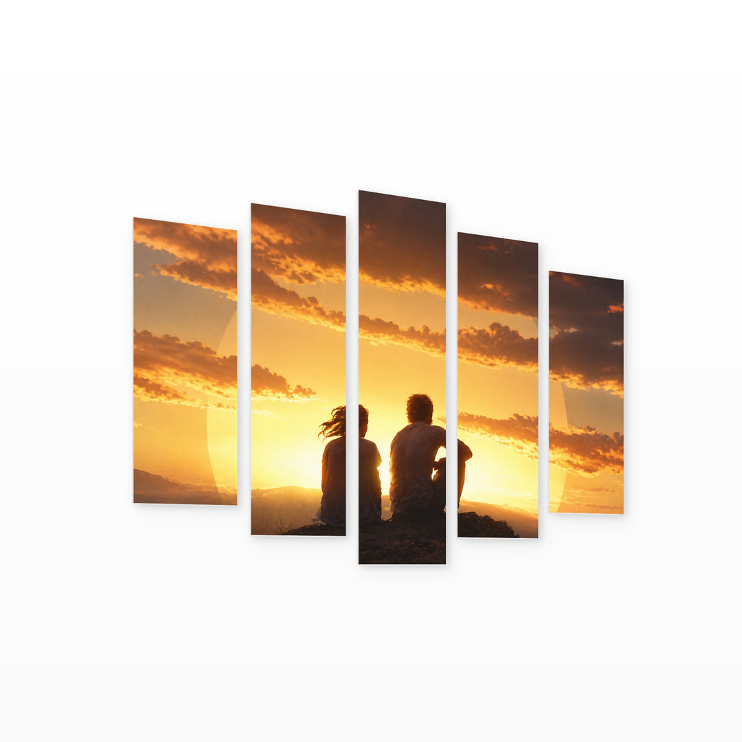 Golden Sunset over Silhouette of a Young Couple — five-panel wall art on white background in perspective | 5wallart 54869 M1