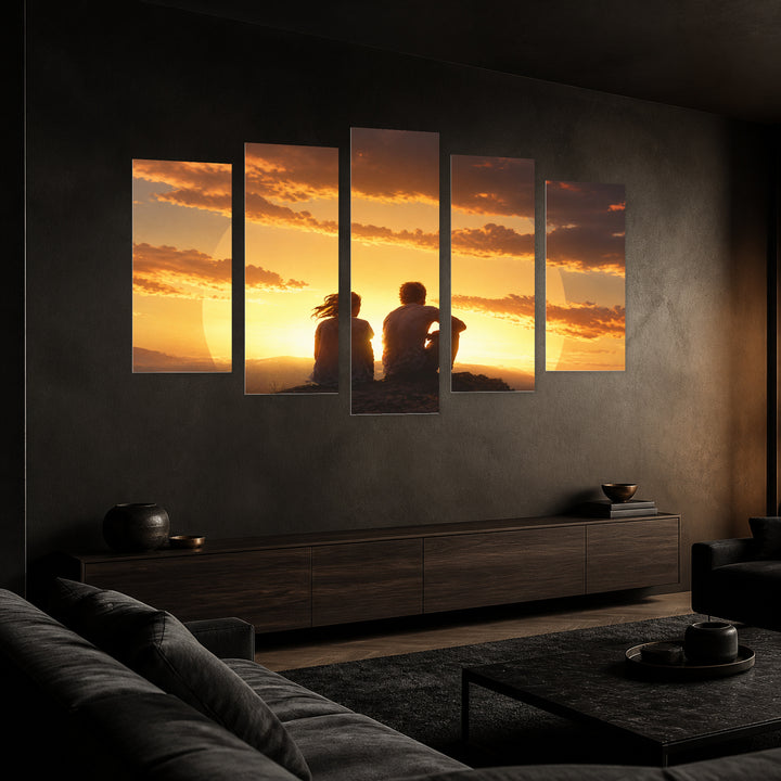 Golden Sunset over Silhouette of a Young Couple — five-panel wall art in perspective interior | 5wallart 54869 M2