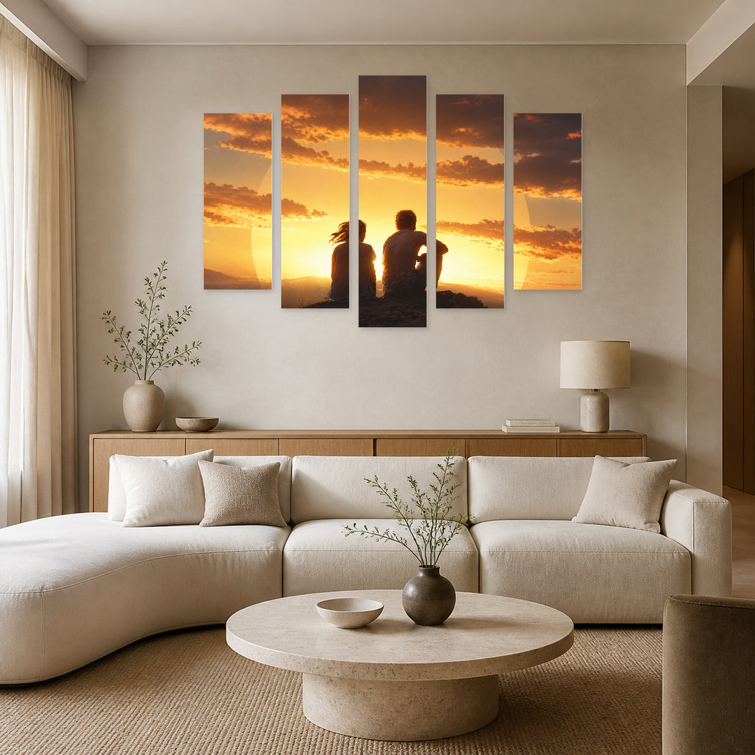 Golden Sunset over Silhouette of a Young Couple — five-panel wall art in frontal interior | 5wallart 54869 M3