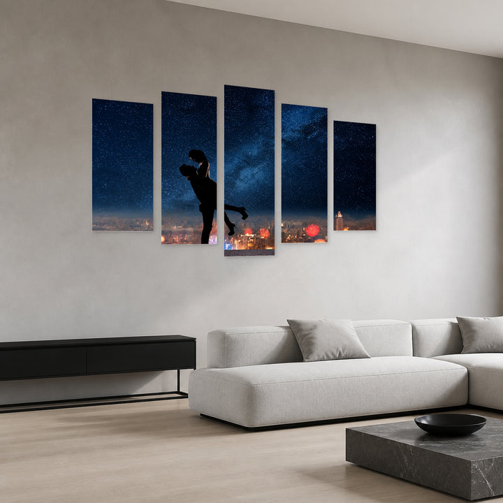 Silhouette of a Couple Modern Composition — five-panel wall art in perspective interior | 5wallart 54870 M2