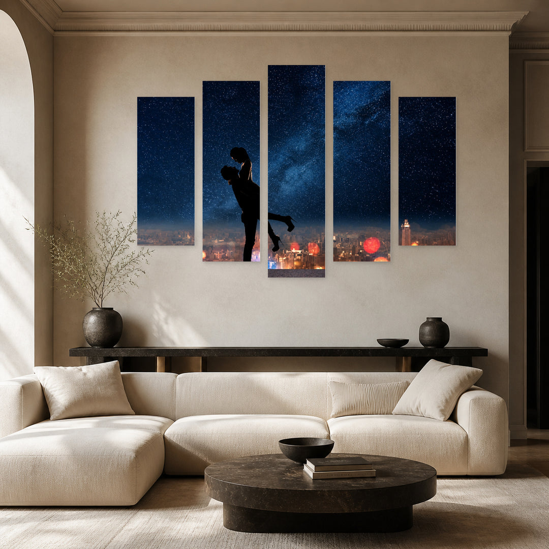 Silhouette of a Couple Modern Composition — five-panel wall art in alternate frontal interior | 5wallart 54870 M4
