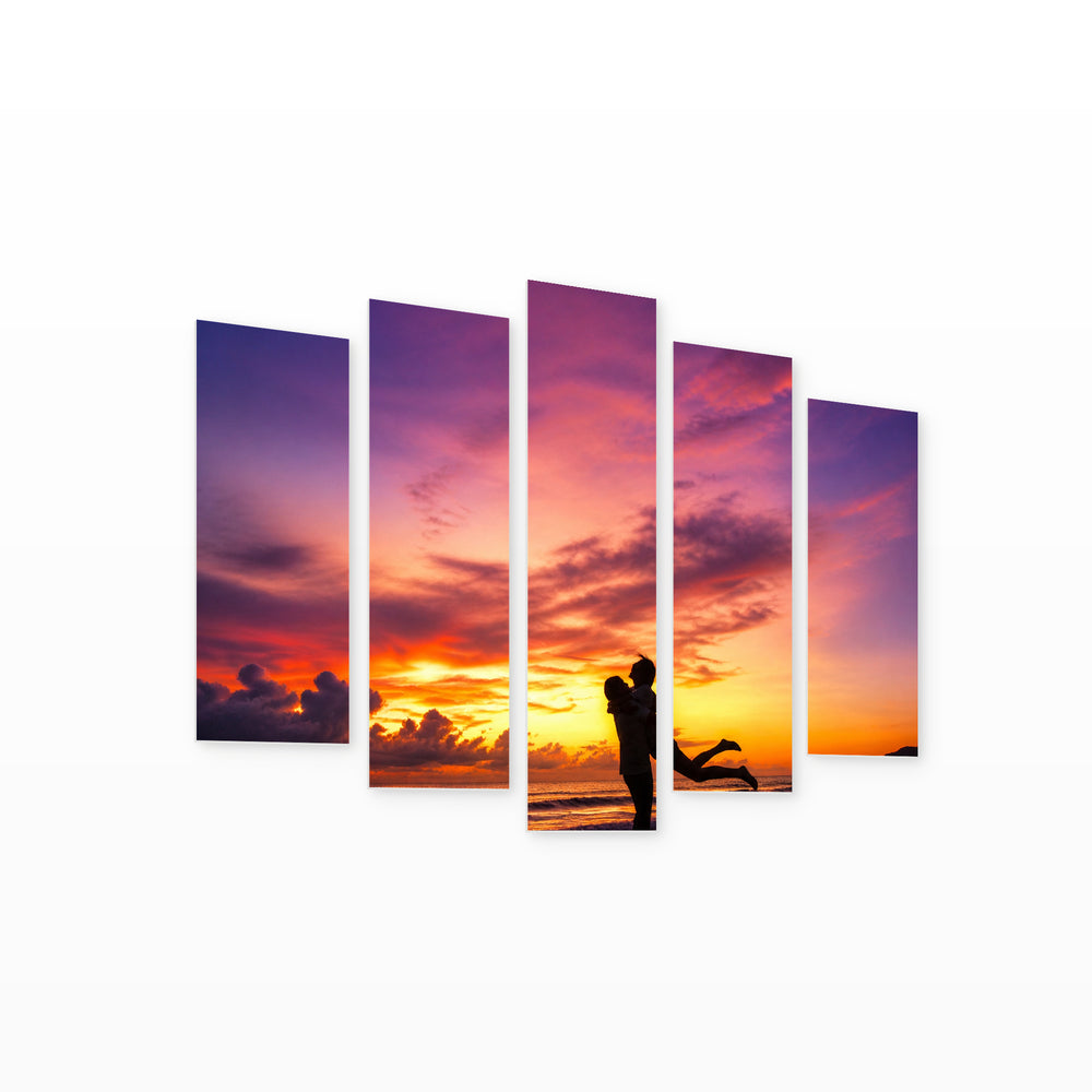 Silhouette of a Happy Couple with Dreamlike Atmosphere — five-panel wall art on white background in perspective | 5wallart 54873 M1