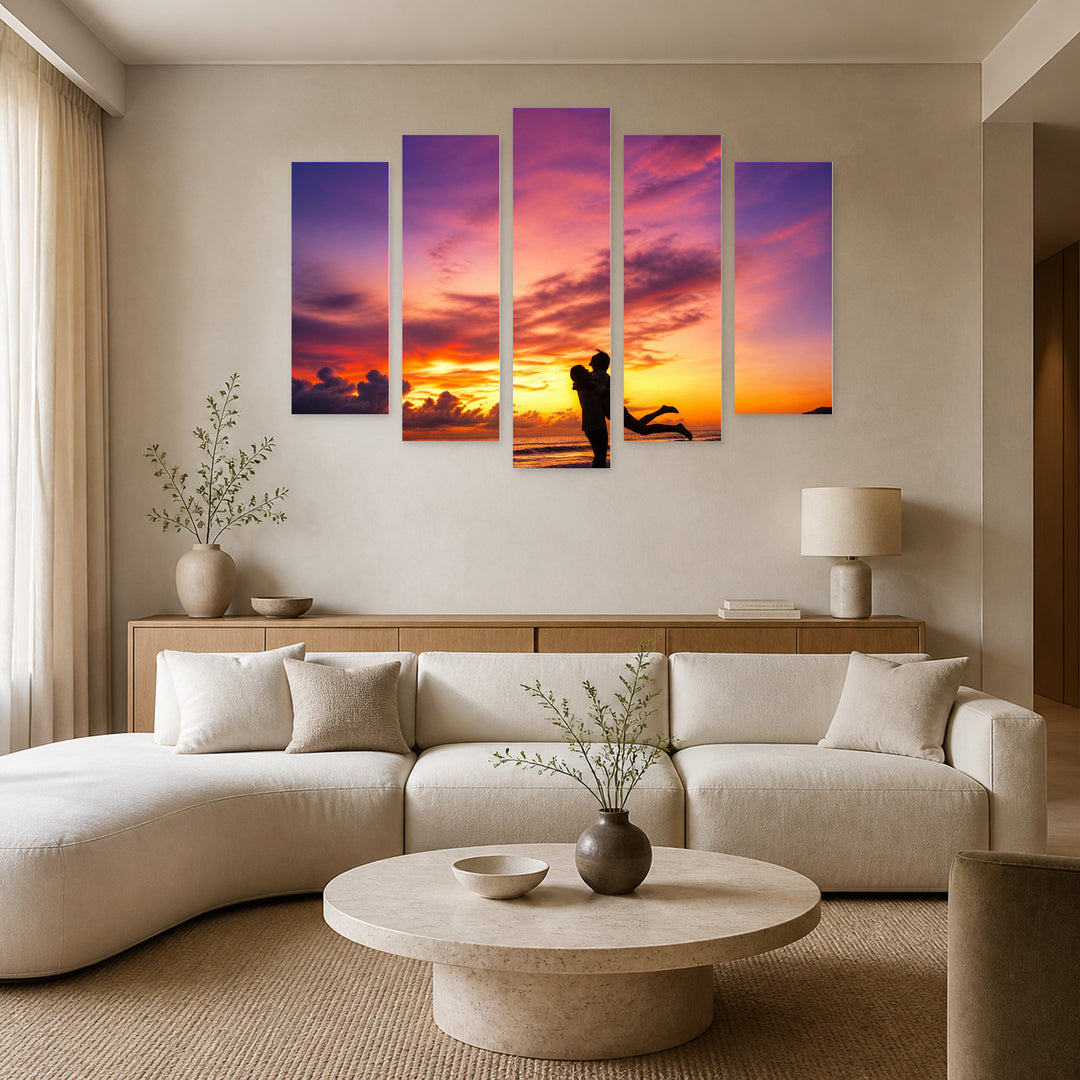 Silhouette of a Happy Couple with Dreamlike Atmosphere — five-panel wall art in frontal interior | 5wallart 54873 M3