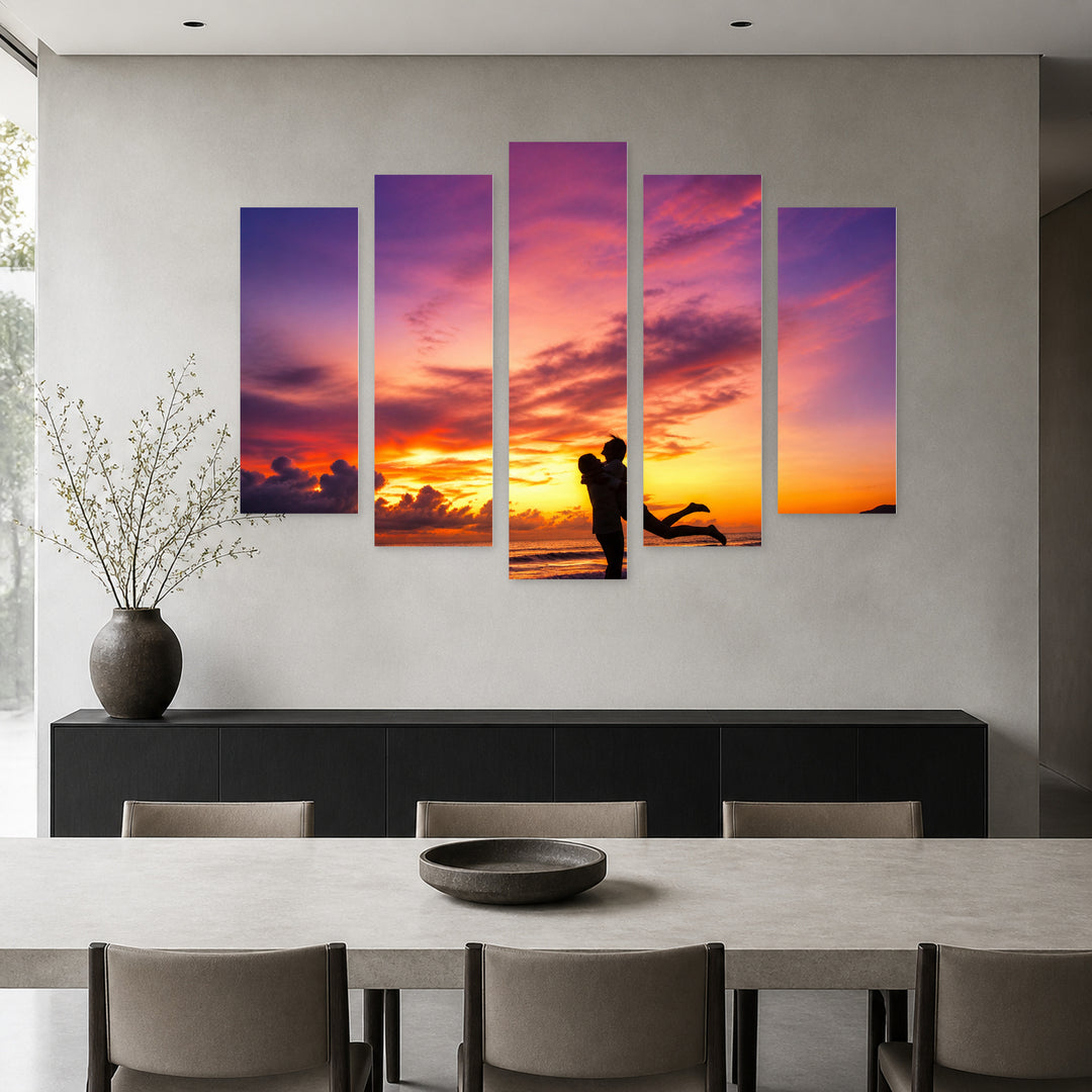 Silhouette of a Happy Couple with Dreamlike Atmosphere — five-panel wall art in alternate frontal interior | 5wallart 54873 M4