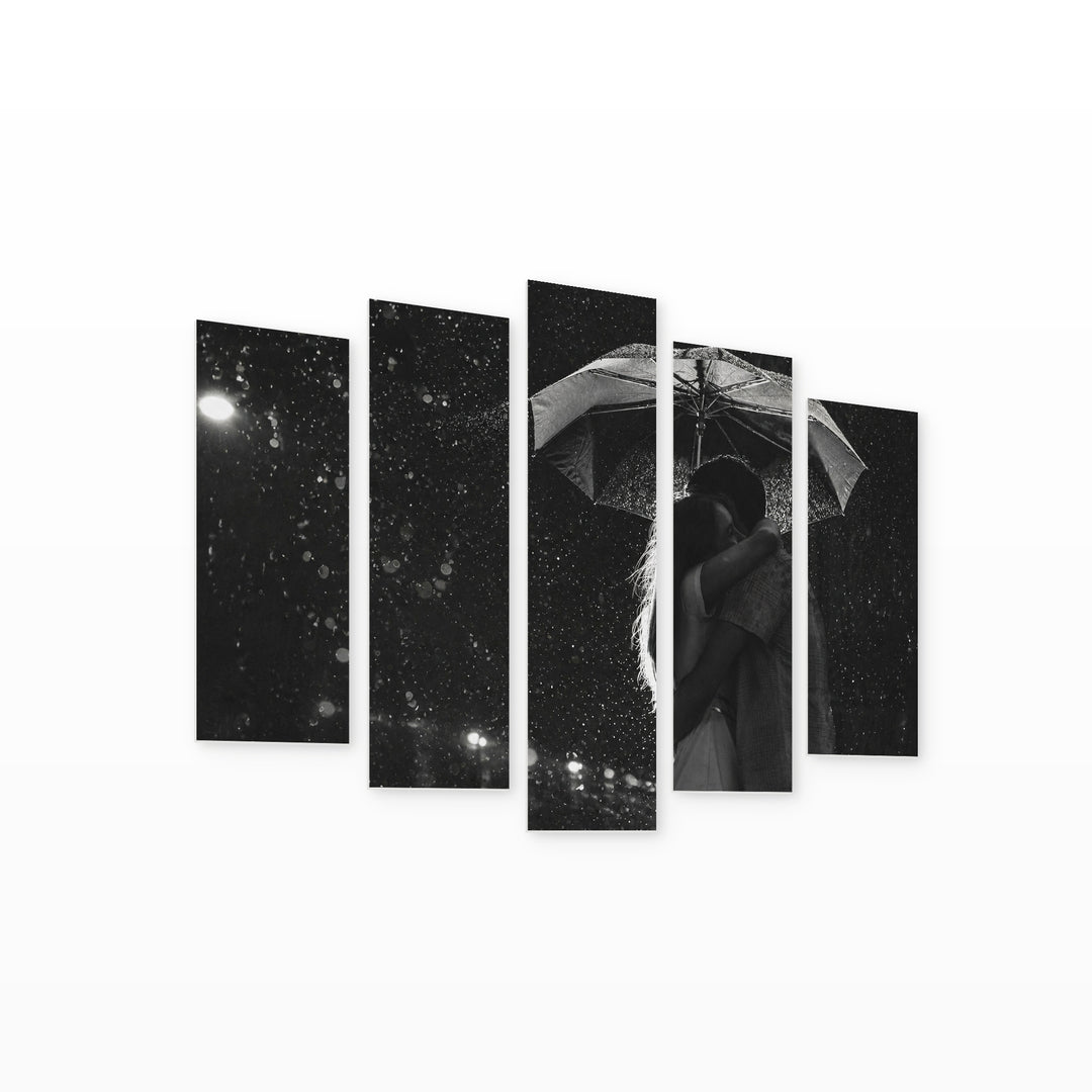 Love in the Rain with Dreamlike Atmosphere — five-panel wall art on white background in perspective | 5wallart 54875 M1