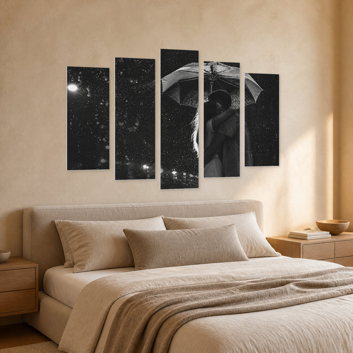 Love in the Rain with Dreamlike Atmosphere — five-panel wall art in perspective interior | 5wallart 54875 M2