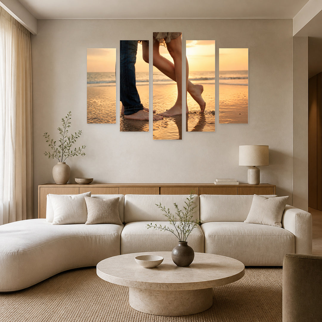 Loving Couple on the Beach at Golden Sunset — five-panel wall art in alternate frontal interior | 5wallart 54876 M4