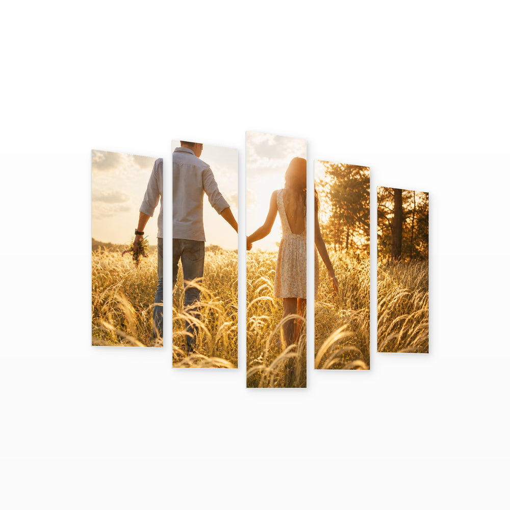 Golden Sunset over Couple in a Field — five-panel wall art on white background in perspective | 5wallart 54877 M1