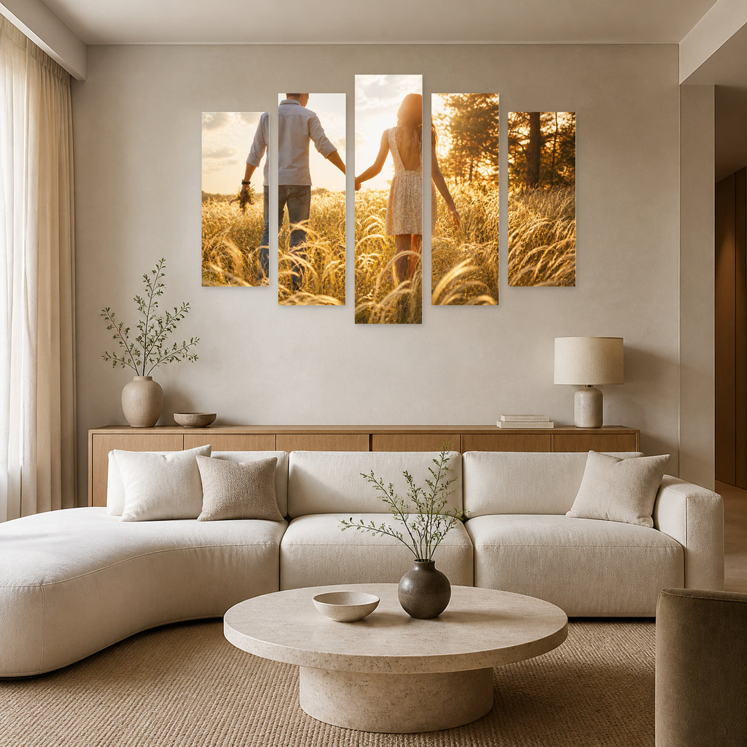 Golden Sunset over Couple in a Field — five-panel wall art in frontal interior | 5wallart 54877 M3
