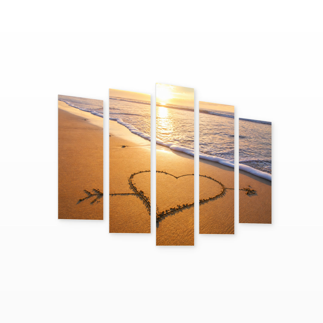 Heart in the Sand in Serene Light — five-panel wall art on white background in perspective | 5wallart 54880 M1