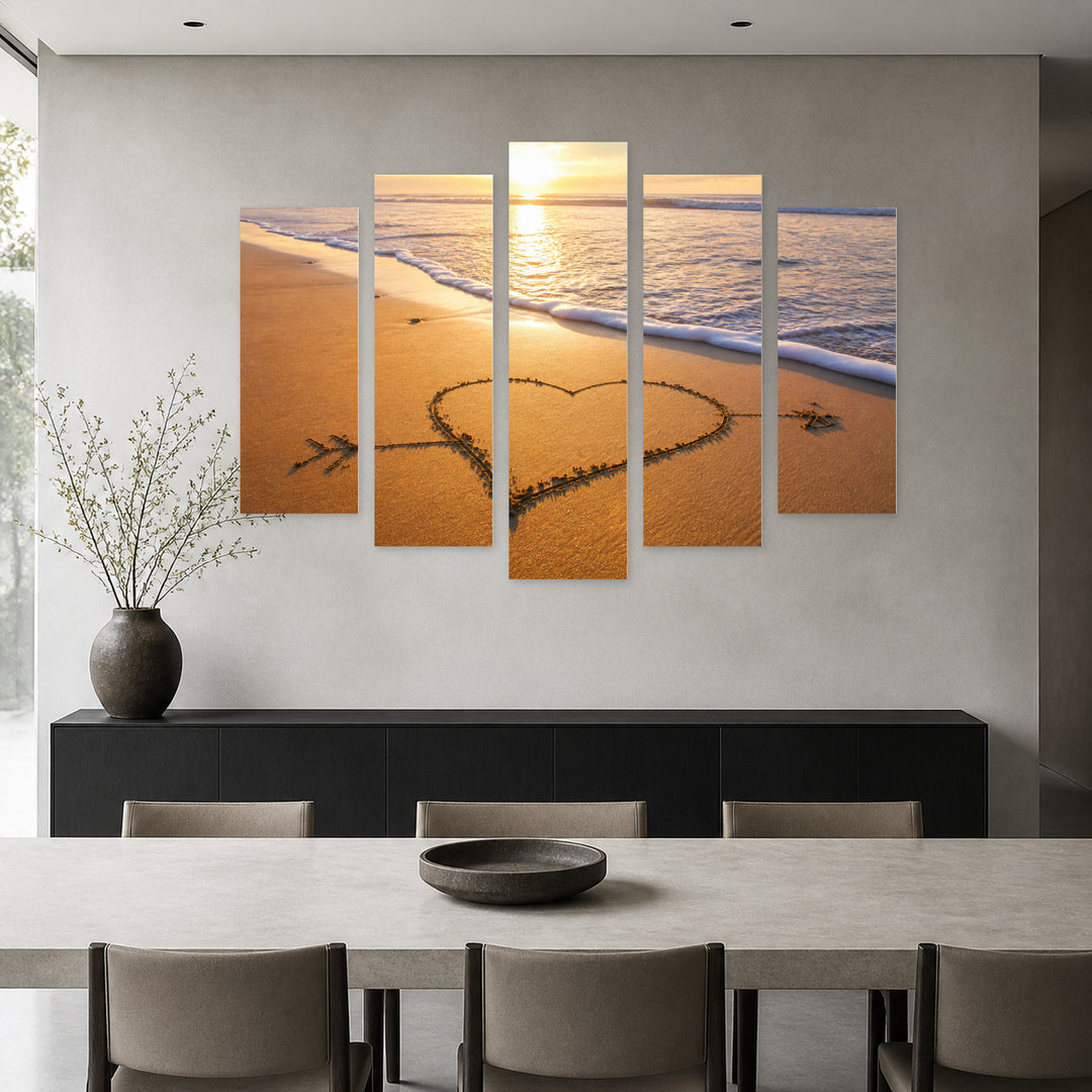 Heart in the Sand in Serene Light — five-panel wall art in frontal interior | 5wallart 54880 M3