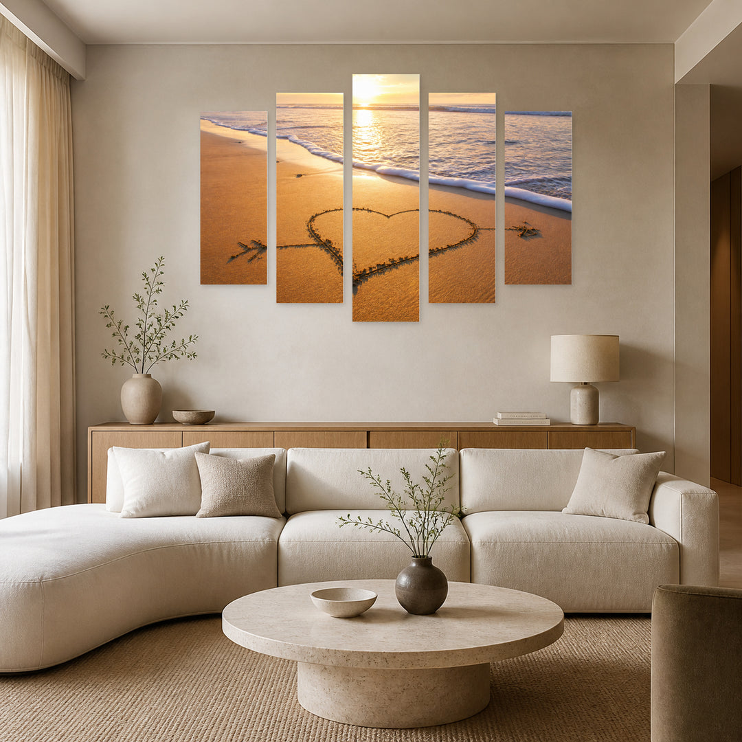 Heart in the Sand in Serene Light — five-panel wall art in alternate frontal interior | 5wallart 54880 M4
