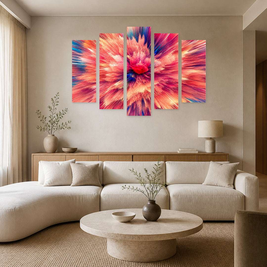 Explosion of Colorful Rays Modern Composition — five-panel wall art in frontal interior | 5wallart 54881 M3