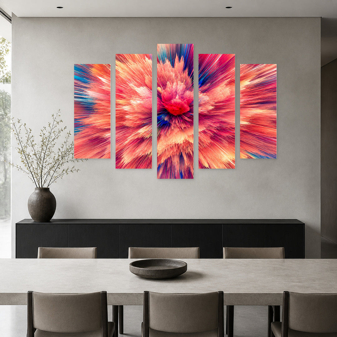 Explosion of Colorful Rays Modern Composition — five-panel wall art in alternate frontal interior | 5wallart 54881 M4