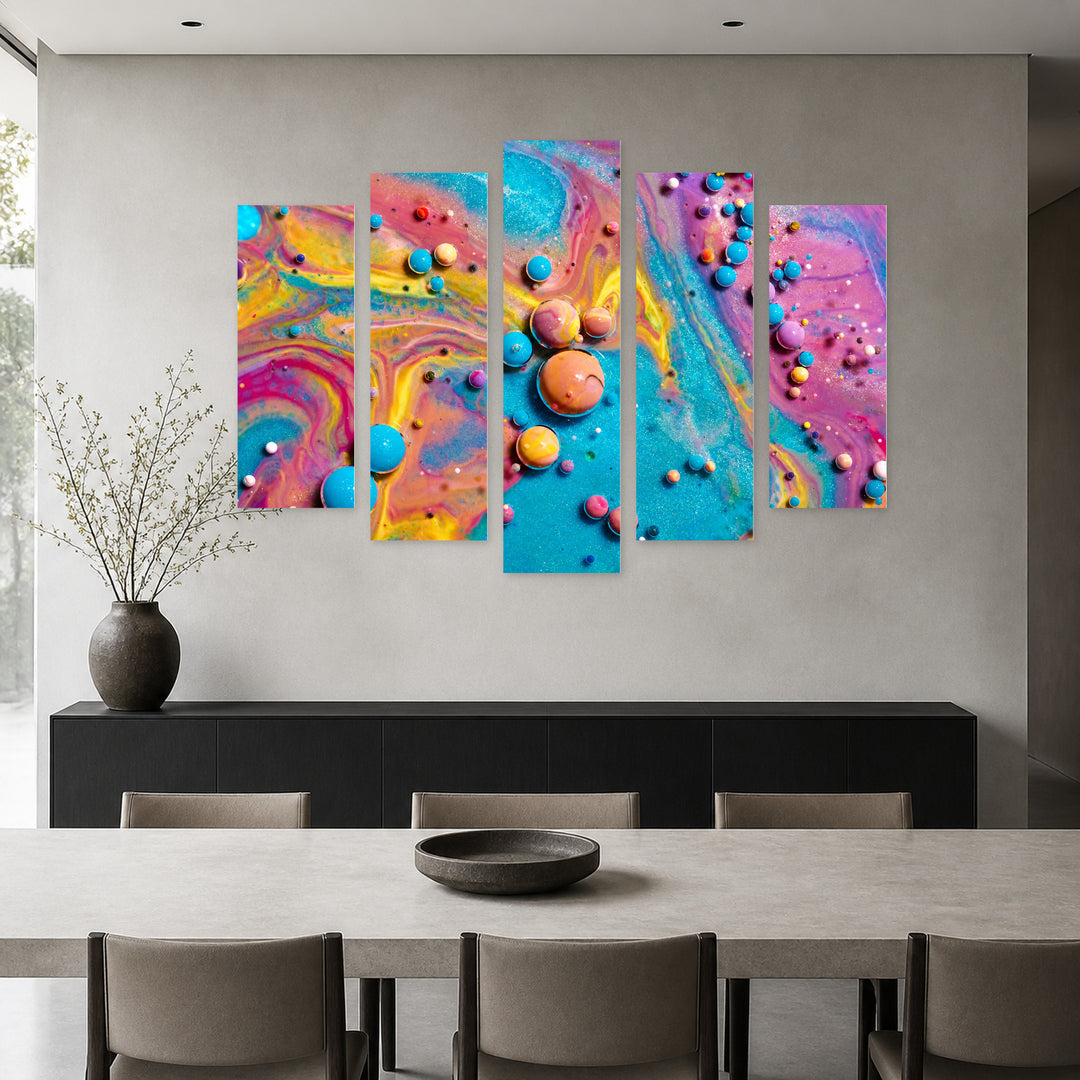 Colorful Acrylic Bubbles Modern Composition — five-panel wall art in alternate frontal interior | 5wallart 54883 M4