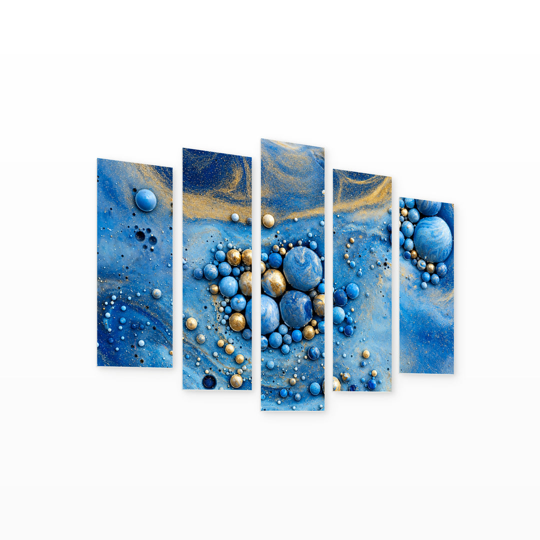 Fluid Art in Blue and Gold — five-panel wall art on white background in perspective | 5wallart 54884 M1