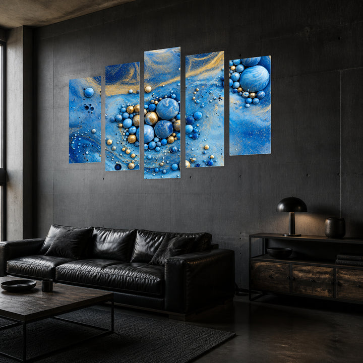 Fluid Art in Blue and Gold — five-panel wall art in perspective interior | 5wallart 54884 M2