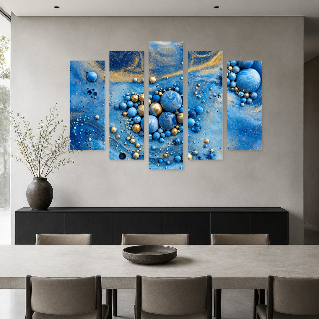 Fluid Art in Blue and Gold — five-panel wall art in frontal interior | 5wallart 54884 M3