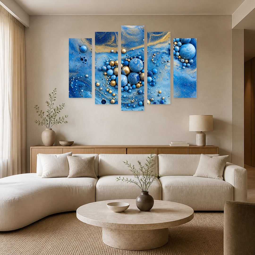 Fluid Art in Blue and Gold — five-panel wall art in alternate frontal interior | 5wallart 54884 M4